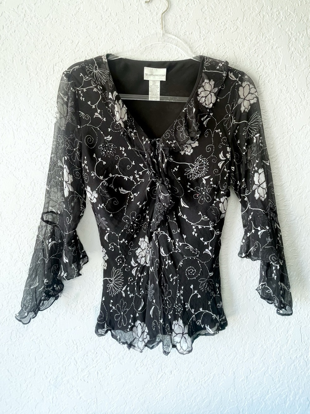 Worthington Black Sheer Silk Floral Tie-Front Blouse